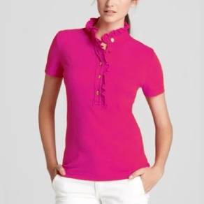 Tory Burch Lidia Hot Pink Ruffled Polo Shirt With
