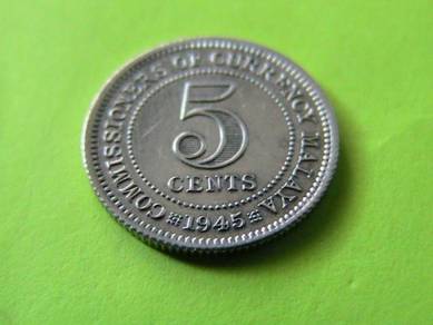 Malaya 5 Cents Silver Coin 1945 - George VI