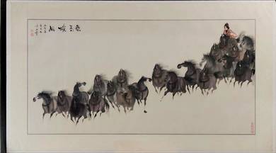 Chinese Ink Painting of 8 Horses with Rider