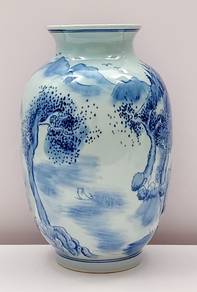 Tranquil Peaks: Blue and White Landscape Ceramic V