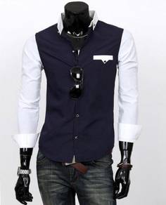 0532 Stylish Button Dark Blue Long-Sleeved Shirt