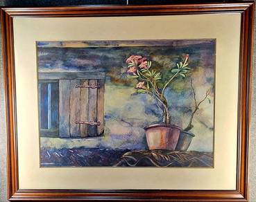 Rustic Window & Flowers Watercolor Painting Framed