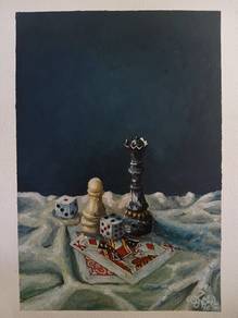 Original Hand-Painted Still Life A4 – Chess, Dice 