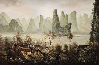 Original Oil Painting Mountain Village Landscape