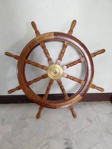 Wooden Ship Steering Wheel with Brass Centerpiece