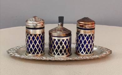 Cobalt blue silver plated salt pepper sugar bowl