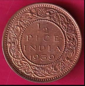 British India Half Pice 1939 KGV Bronze coin A