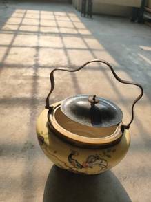 Vintage Yellow Ceramic Pot with Metal Handle