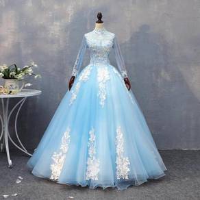 Muslimah blue long sleeve wedding dress RBMWD0165