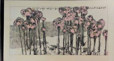 Chinese Ink Painting of Lotus Pond with Birds