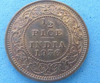 British India Half Pice 1936 KGV Bronze coin