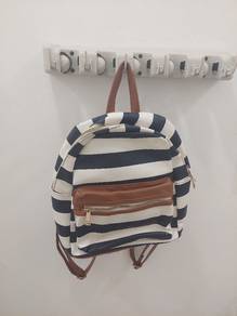 Blue & White Striped Faux Leather Backpack