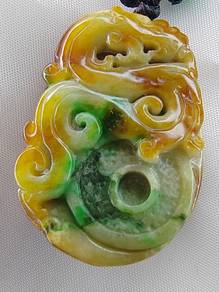 Icy Yellow & Green Jadeite Jade Dragon Pendant