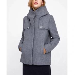 ZARA Wool Grey Hooded Short Coat With Large Funnel