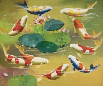 Koi Fish & Lotus Pond II – Oil Painting, Signed