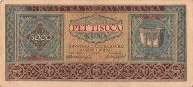 Croatia Banknote 5000 Kuna 1943 - Pick 13  xf