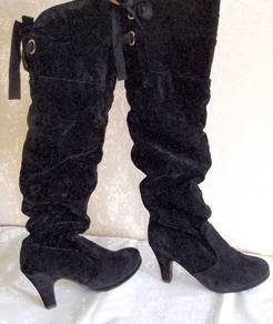 Black Velvet Knee High Heel Boots - Size 38