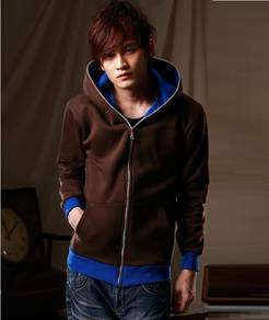 BA0343 BROWN HOODiE COLOR ZIP SWEATER JACKET ������