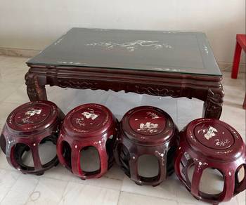 Antique Wooden Table + 4 Stools