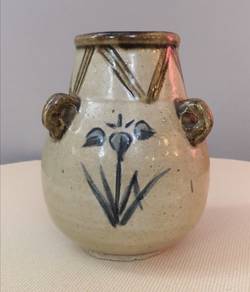Pottery vase 3 handle blue flower