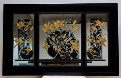 Framed Triptych Wall Art with Gold Floral Design