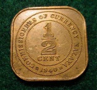 Straits Settlements Malaya 1940 KGVI 1/2 c xf N65