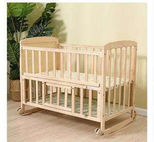 Wooden baby cot with Mosquito Net & Hanging Toys