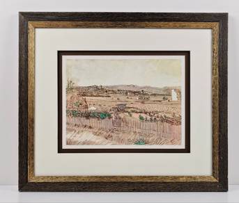 Framed Lithograph Print Harvest Cart by the Fence