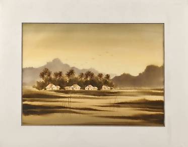 Original 1989 Watercolor Rural Serenity at Dusk I