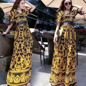 Black yellow long sleeve maxi dinner prom dress