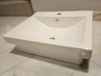 Rectangular semi-recessed vanity ceramic basin