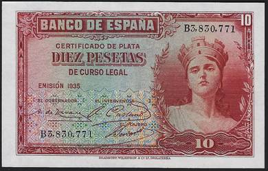 Spain 10 Pesetas Banknotes 1935 - P86a  unc