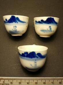 3Pc RARE OLD HAND-PAINTED blue-white teacups
