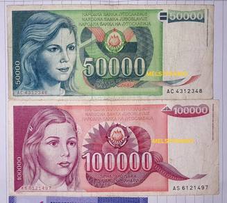 1980s Yugoslav 50000 100000 Banknotes