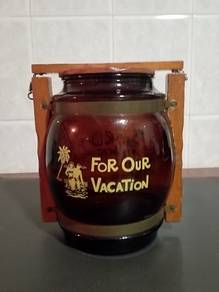 GLASS JAR COIN BANK w WOODEN COIN SLOT LID 7.5 x 9