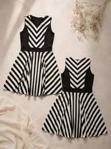 Black white stripe sleeveless skater dinner dress