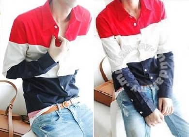 0516 STYLISH RED CREAM BLUE LONG SLEEVE SHiRT