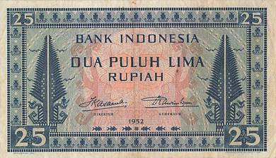 Indonesia 25 Rupiah 1952 JJO - Pick 44 xf