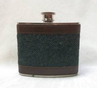 Vintage Stainless Steel Hip Flask, Leather and Twe