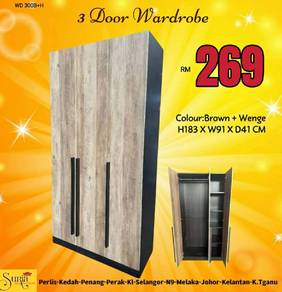 Almari baju 3 pintu selak