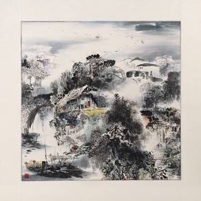 Chinese Ink Painting - Tranquil Riverside Retreat