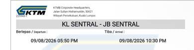 ETS from KL Sentral to JB SENTRAL on 9 Aug 26
