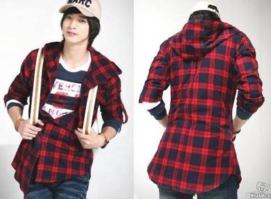 0297 Red Plaid Swag Hoodie Man Long Sleeved Shirt