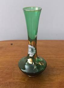Vintage handpainted green glass vase
