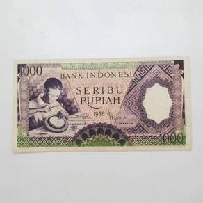 INDONESIA 1000 rp P62 1958 BUFFALO SILVERPLATE vf+