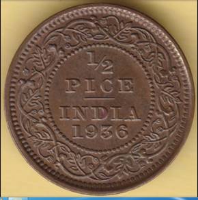 British India Half Pice 1936 KGV Bronze coin A