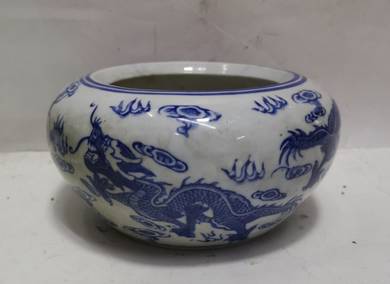 Old Chinese Blue White Porcelain Double Dragon Wri