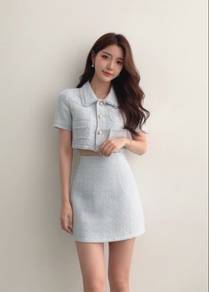 Light Blue Tweed Crop Top and Skirt Set