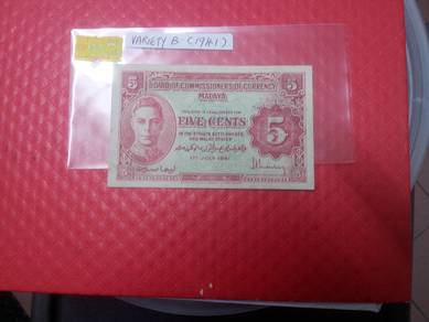 Malaya BOC of currency 5 cents  KGVI 1941 B