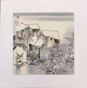 Clearance Watercolor Snowfall Village Bridge